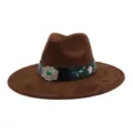 Close-up detail of the brown suede jazz hat featuring floral embroidery and a vintage buckle band. - 58cm / Coffee