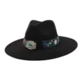 Close-up of the exquisite floral embroidery and ornate silver buckle on the black wide-brim hat. - 58cm / Black