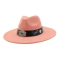 Pink suede jazz hat with embroidered floral black belt and vintage silver buckle for daily wear. - 58cm / Rose Quartz