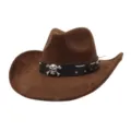 Close-up of brown suede western cowboy hat with metallic skull accent and leather band. - Coffee