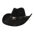 Detail view of a black western cowboy hat featuring a dark leather band and metal skull accent. - Black