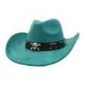 Teal suede cowboy hat detail, black leather band with silver skull emblem, wide brim. - Peacock Light Blue