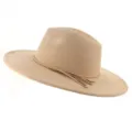 Beige suede fedora hat with braided tassel band, classic wide brim casual hat for men women. - M (56-58cm) / Camel