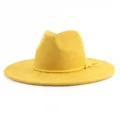Yellow suede fedora hat for men and women wide brim jazz cap with braided tassel band - M (56-58cm) / Turmeric