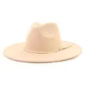 Beige suede fedora hat for men and women, wide brim fashion hat with braided tassel band. - M (56-58cm) / Champagne
