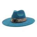 Turquoise wide brim suede fedora hat with ethnic embroidery and vintage metal buckle. - 58cm / Peacock Dark Blue