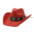 Red suede western cowboy hat with decorative band and floral metal buckle for winter fashion. - Rust red