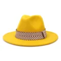 Gele wollen vilt fedora hoed detail met bruin witte geweven band stijlvolle winterhoed - 58cm / Geel