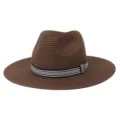 Unisex bruine strohoed fedora, zomer strand zonbescherming zonnehoed met gestreepte band. - Verstelbaar / koffiekleur