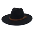 Chapeau fedora noir a large bord avec ceinture marron, chapeau de jazz en laine pour automne hiver. - 58cm / Noir