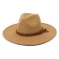 Chapeau fedora large bord en laine camel femme homme automne hiver jazz casquette detail. - 58cm / Chameau