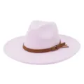 Chapeau fedora rose clair à large bord avec ceinture marron, élégant chapeau en laine d'hiver. - 58cm / Rose