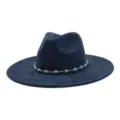 Navy blue wide brim jazz hat with turquoise beaded metal chain band for women and men. - 58cm / Navy Blue