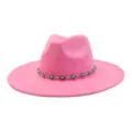 Detail view of pink felt fedora hat featuring a stunning silver turquoise bead chain band. - 58cm / Barbie Pink