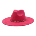 Hot pink faux suede fedora hat featuring a turquoise silver chain band, wide flat brim jazz hat. - 58cm / Rose Red