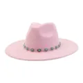Pink suede jazz hat detail, western style turquoise chain accessory, flat brim hat. - 58cm / Sakura Pink