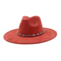 Red suede wide brim jazz fedora hat featuring a vintage silver turquoise beaded hatband style. - 58cm / Rust red