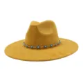 Yellow suede fedora hat detail featuring a stunning silver turquoise chain band for ethnic style. - 58cm / Turmeric