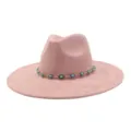 Bohemian pink suede fedora hat with turquoise stone chain band wide flat brim western cap - 58cm / Dusty Pink