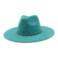 Boho teal suede fedora hat detail featuring turquoise silver chain band and wide flat brim. - 58cm / Peacock Light Blue
