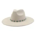 Boho style beige suede fedora hat with turquoise stone metal chain wide flat brim jazz cap - 58cm / Beige