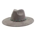Ethnic style soft suede wide brim fedora hat with turquoise chain detail for women and men. - 58cm / Charcoal Grey