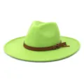 Chapeau fedora a large bord vert pour femmes et hommes, chapeau jazz en laine elegante avec ceinture. - 58cm / Vert Fruit