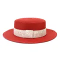 Detailed view of red straw boater hat with beige woven band, ideal for summer sun protection. - 58cm / Red