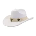 Close-up view of white felt western cowboy hat with beige leather band and metal bull head accessory. - One Size / White