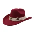 Close-up detail of the dark red felt cowboy hat with white band and metal bull ornament. - One Size / Burgundy