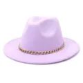 Chapeau fedora en feutre violet clair élégant avec chaîne dorée mode hiver grand bord jazz - 58cm / Rose Violet