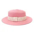 Pink flat top straw hat with patterned ribbon, ideal for summer outdoor travel and sun protection. - 58cm / Watermelon red