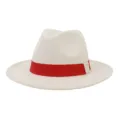 Chapeau fedora blanc classique avec ruban rouge vif et large bord plat en laine. - 58cm / Beige