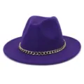 Purple wool fedora hat detail, elegant gold chain decoration, wide brim winter fashion style. - 58cm / Purple