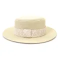 Closeup of stylish flat-top straw hat with woven band, perfect for summer sun protection. - 58cm / Beige