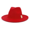 Chapeau fedora en laine rouge avec bord plat large et ruban beige, accessoire de mode hiver classique. - 58cm / Rouge