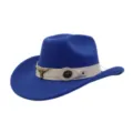 Blue felt western cowboy hat detail featuring white leather band and metal bull head accent. - One Size / Sapphire Blue