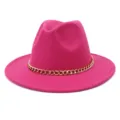 Chapeau fedora en feutre de laine rose élégant avec chaîne dorée pour les femmes. - 58cm / Rose rouge