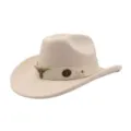 Close-up detail of the beige felt cowboy hat showing the metal bull head buckle and leather band. - One Size / Beige