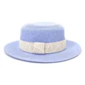 Detail view of blue flat top straw hat with woven band, perfect for summer sun protection. - 58cm / Light Blue