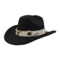 Schwarzer Wolle Western Cowboyhut mit hellem Lederband und stilvollem Metallstier-Dekor. - Einheitsgröße / Schwarz