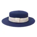 Blue flat top straw hat with woven band summer sun beach hat casual women men outdoor - 58cm / Navy Blue