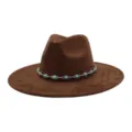 Brown suede wide brim jazz hat with turquoise chain detail, ethnic fedora for women. - 58cm / Coffee