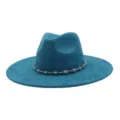 Turquoise wide brim fedora hat with silver chain and turquoise beads, soft suede look jazz cap. - 58cm / Peacock Dark Blue