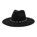 Black faux suede woolen jazz hat with turquoise metal chain, stylish wide flat brim retro design. - 58cm / Black