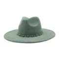 Green suede fedora hat detail featuring a turquoise stone metal chain band for women. - 58cm / Pickle Green