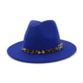 Sombrero fedora de fieltro azul para mujer con cinta de leopardo y hebilla metálica elegante - Ajustable / Azul Zafiro