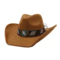 Brown soft suede cowboy hat detail, ethnic style decorative band with floral buckle, wide brim. - Khaki