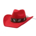 Red suede western cowboy hat with ethnic style brown decorative hatband and flower concho. - Red
