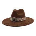 Brown suede fedora hat with wide brim, ethnic embroidered band and vintage buckle. - 58cm / Coffee